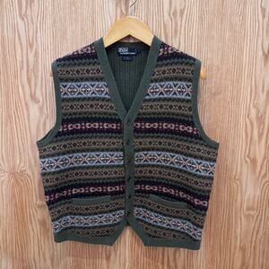 Vintage Polo Ralph Lauren Sweater Vest Wool Fair Isle Button Front Green Large